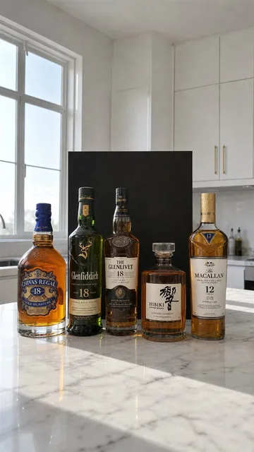 Pure Whisky collection displayed in a bright kitchen